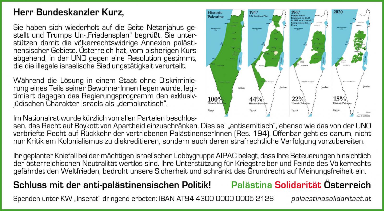 Inserat: Kurz - Schluss mit der antipalästinesischen Wende